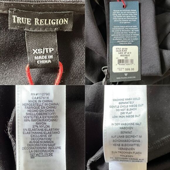 True Religion Black Double Lace Up Deep V Long Sleeve Bodysuit XS New - Picture 5 of 5